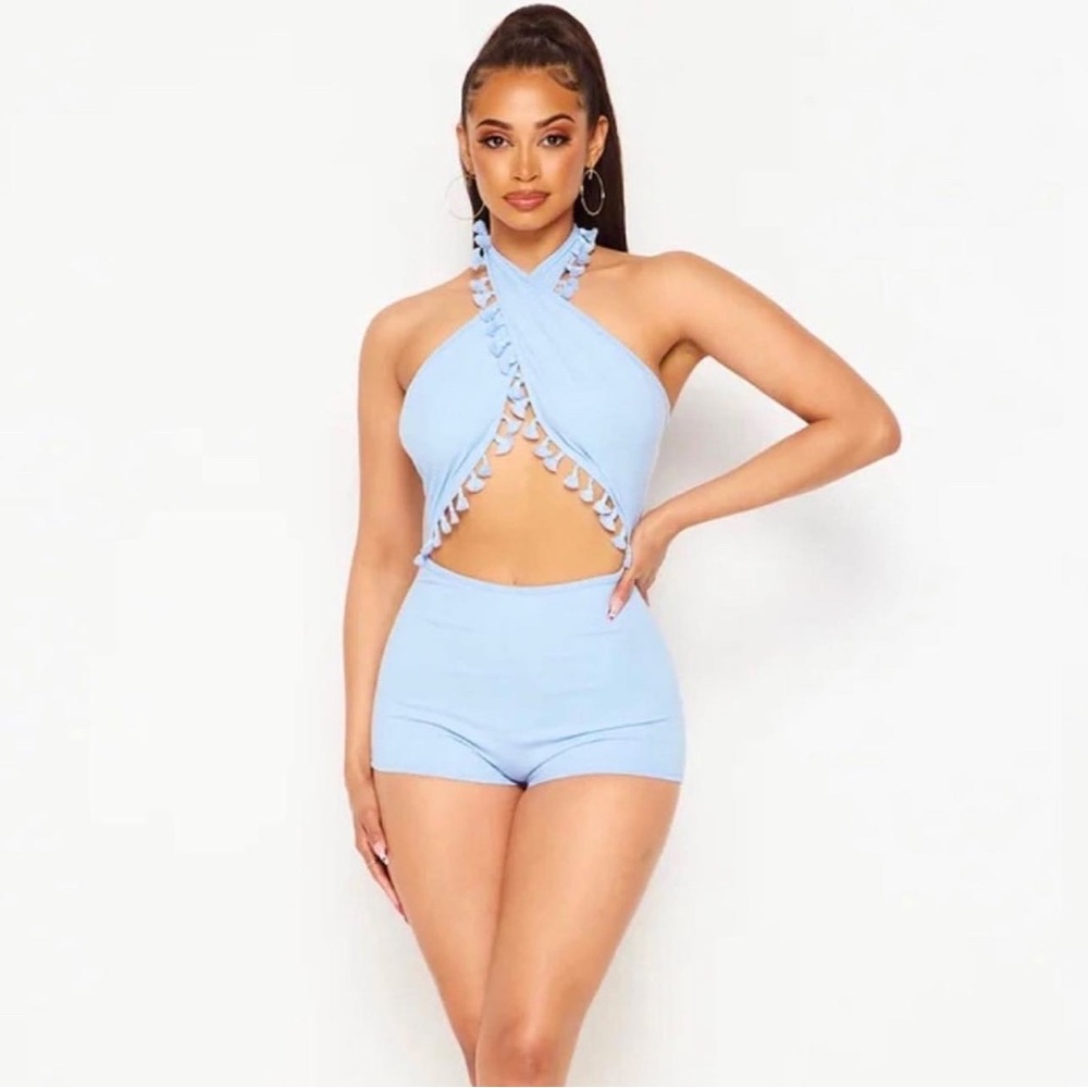 Baby blue fringe trim cross halter tie romper